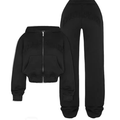 Ins Letter Zip-Up Crop Top and Drawstring Trousers - Retro Style