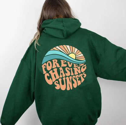 Fleece-lined Sunset Print Kangaroo Pocket Drawstring Hoodie | GlamzLife