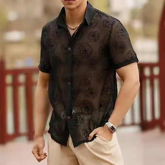 Men's Rose Flower Mesh See-through shirt - GlamzLife