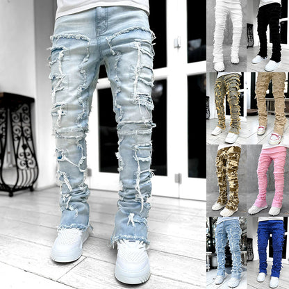 Patched Long Tight Fit Stacked Jeans For Mens | GlamzLife