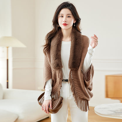 Women's Loose Tassel Fashion Shawl Jacket With Fur Collar-GlamzLife