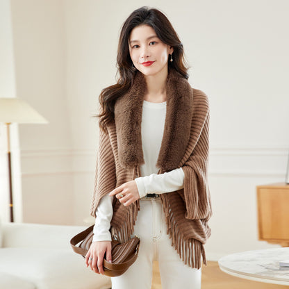 Women's Loose Tassel Fashion Shawl Jacket With Fur Collar-GlamzLife