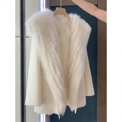 Stitching Fur Woolen Coat For Women