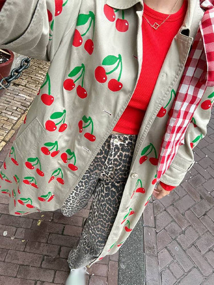 Elegant Khaki Fruit Printed Lapel Coat