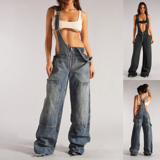 Y2K Zipper Denim Overalls - Women's Streetwear Fashion