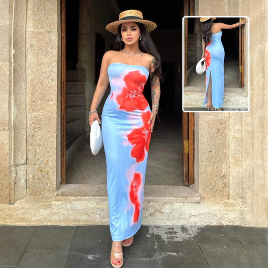 GlamzLife Slim Slit Tube Long Dress - Summer Party Beachwear Women