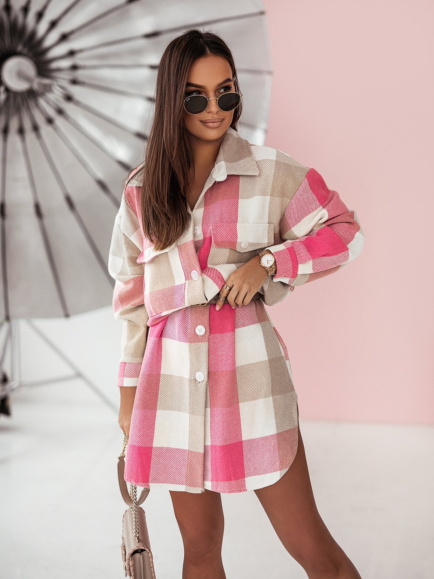 Women's Fashion Long Sleeve Color Plaid Brushed Woolen Long Coat | GlamzLife
