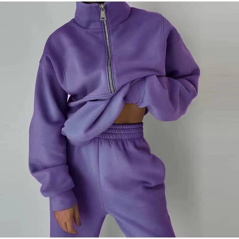 Stand Collar Suit Zip Up Crop Sportswear Long Sleeve Sweatshirt And Trousers For Spring Fall Women's Clothing | GlamzLife