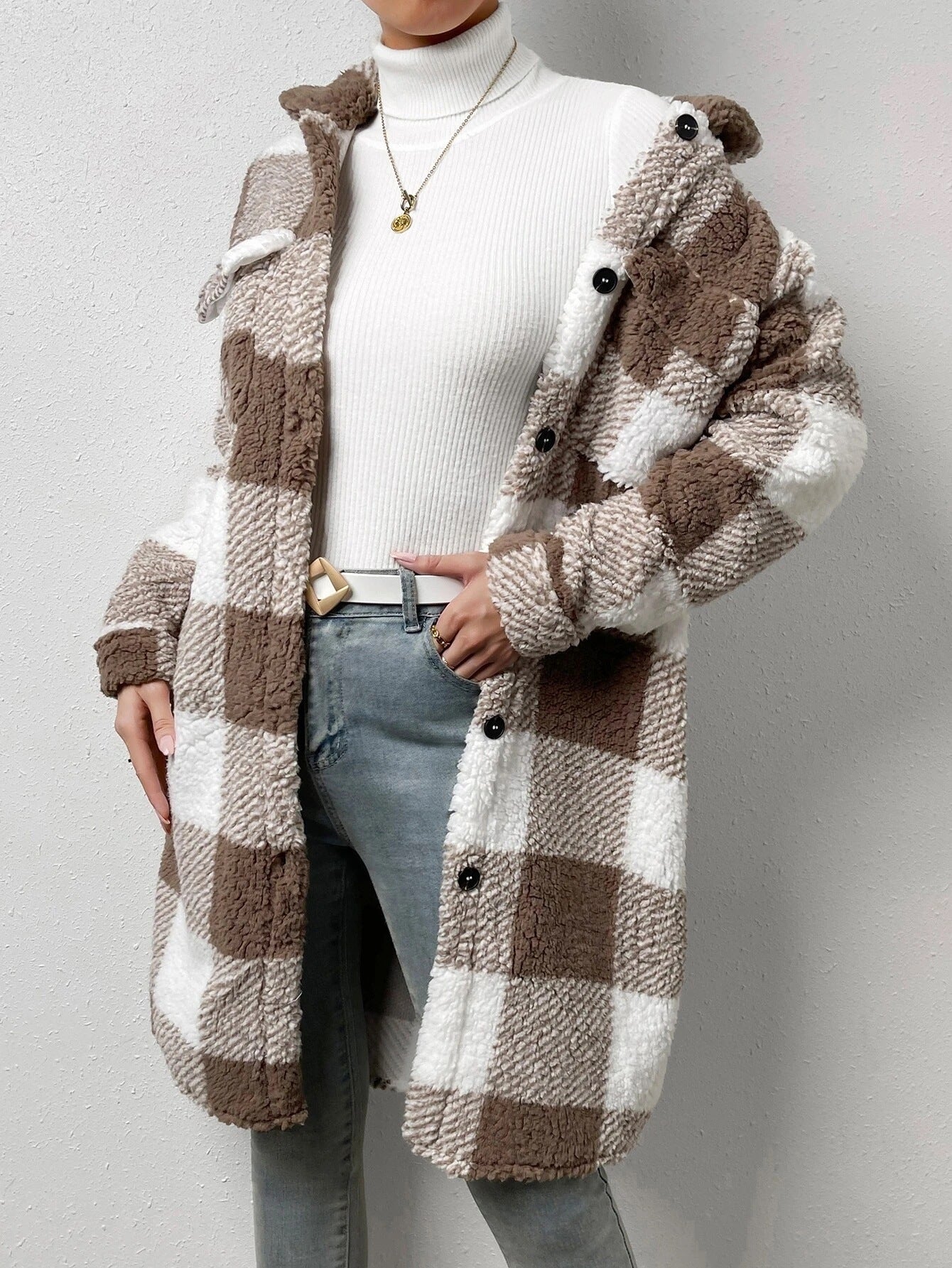 Button Lapel Plush Plaid Coat Loose | GlamzLife