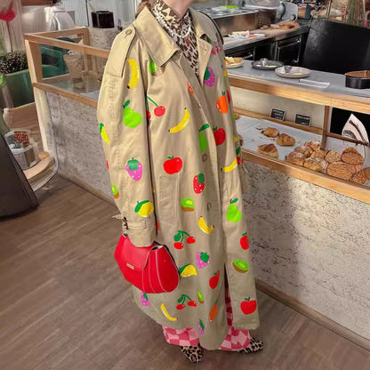 Elegant Khaki Fruit Printed Lapel Coat