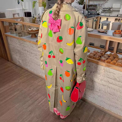 Elegant Khaki Fruit Printed Lapel Coat