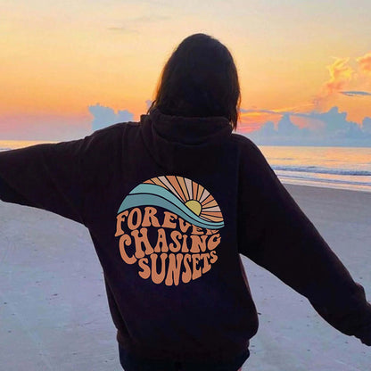 Fleece-lined Sunset Print Kangaroo Pocket Drawstring Hoodie | GlamzLife