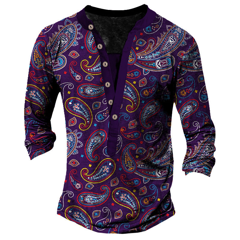 Printed Retro Fashion Casual Henry Neck Long Sleeves T-shirt | GlamzLife