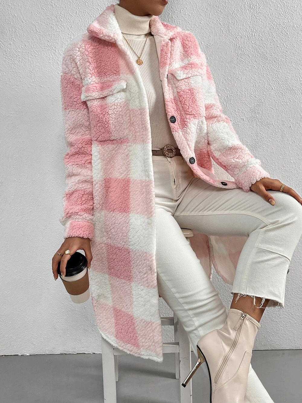 Button Lapel Plush Plaid Coat Loose | GlamzLife