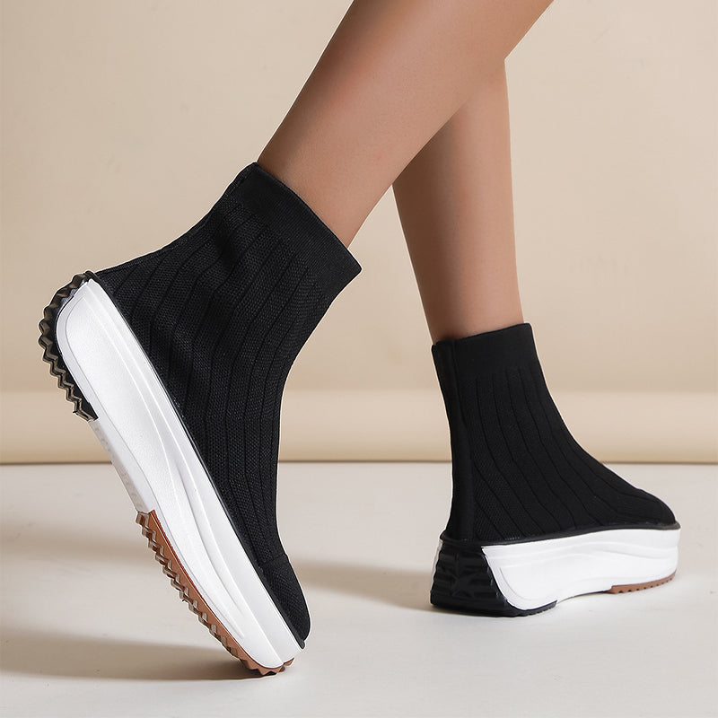 Women's Thick-soled Boots Knitted Round Toe Socks Shoes Casual Breathable Solid Color Flying Knit Ankle Boots | GlamzLife