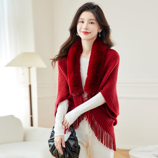 Women's Loose Tassel Fashion Shawl Jacket With Fur Collar-GlamzLife