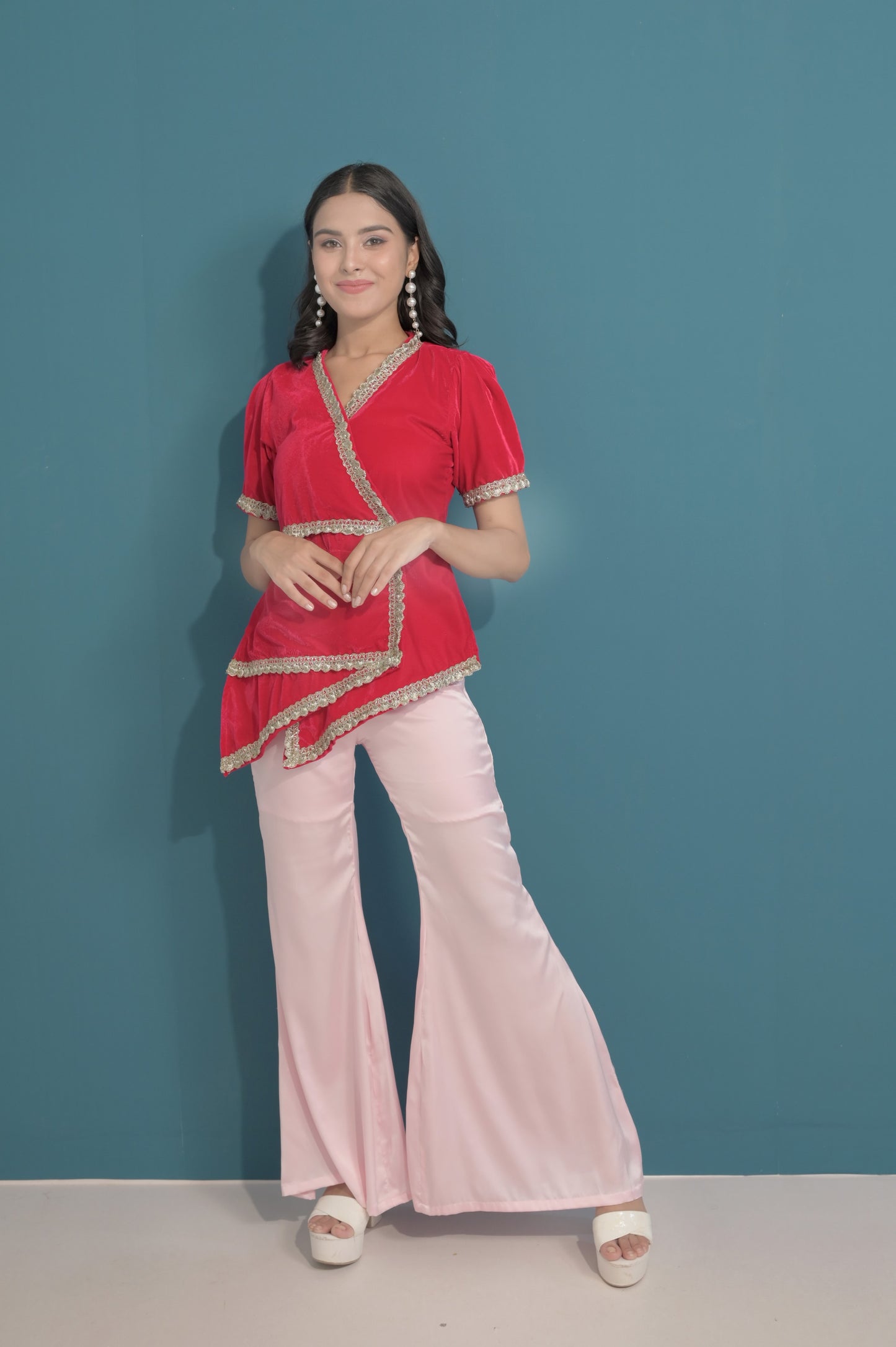 Lace Bordered Velvet Top With Satin Palazzo Pant | GlamzLife