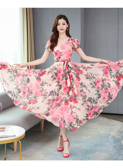 GlamzLife Flower Print Maxi Dress - Elegant Long Skirt for Women