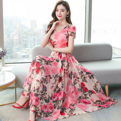 GlamzLife Flower Print Maxi Dress - Elegant Long Skirt for Women