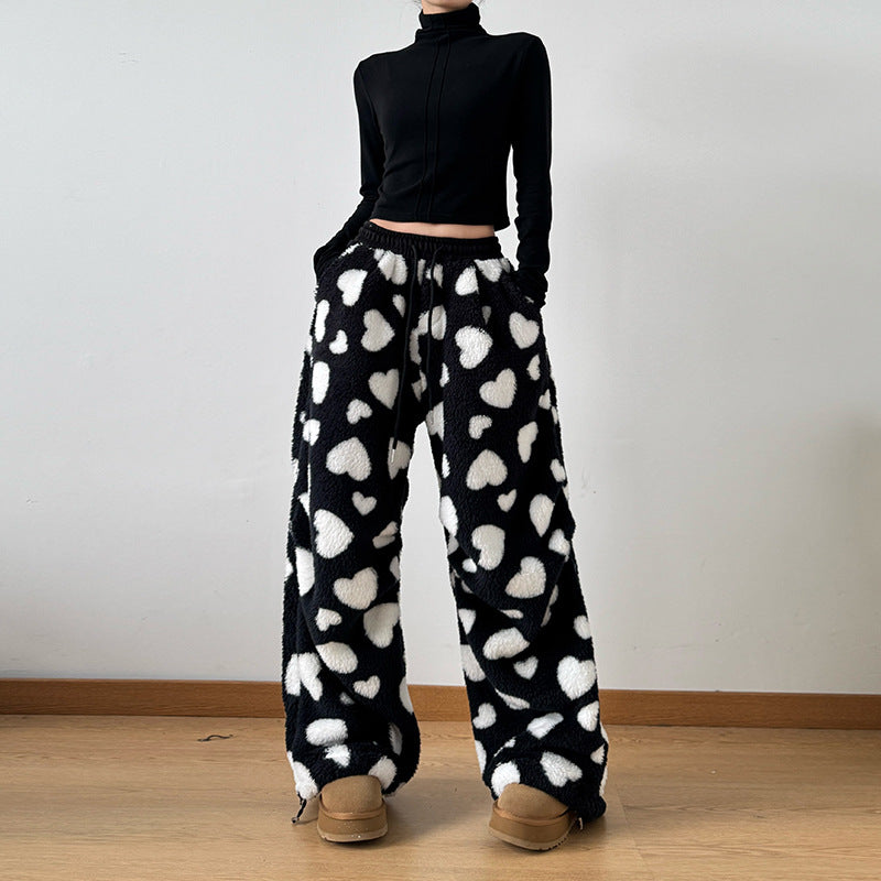 Loose Lamb Wool Polka Dot Female Casual Jogger Pants - GlamzLife