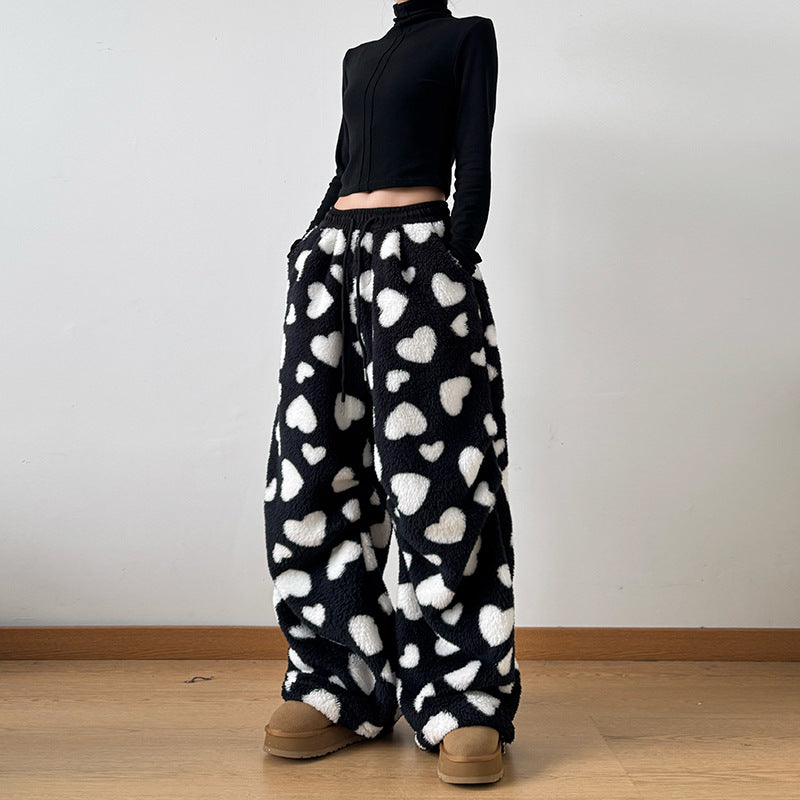 Loose Lamb Wool Polka Dot Female Casual Jogger Pants - GlamzLife