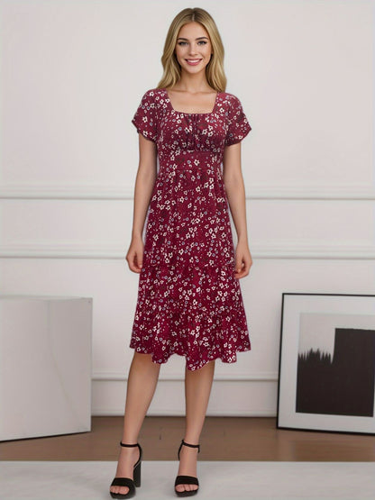 GlamzLife Puff Sleeve Floral Dress - Square Collar Long Swing Dress