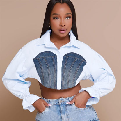 Denim Stitching Navel Flared Sleeves Personality Shirt - GlamzLife