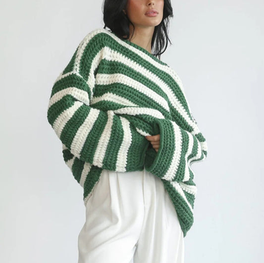 Women's Loose Off Shoulder Striped Long-sleeved Sweater | GlamzLife