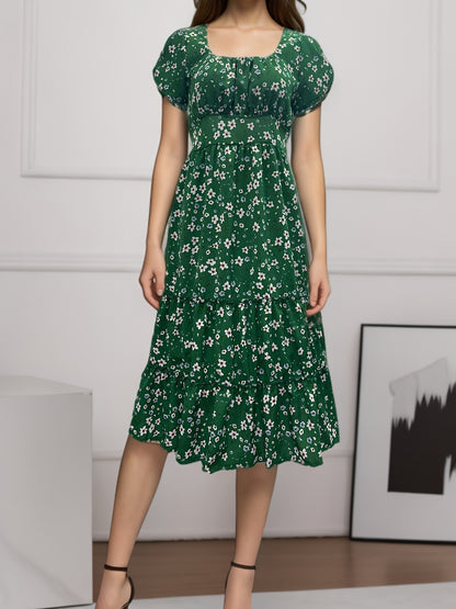 GlamzLife Puff Sleeve Floral Dress - Square Collar Long Swing Dress