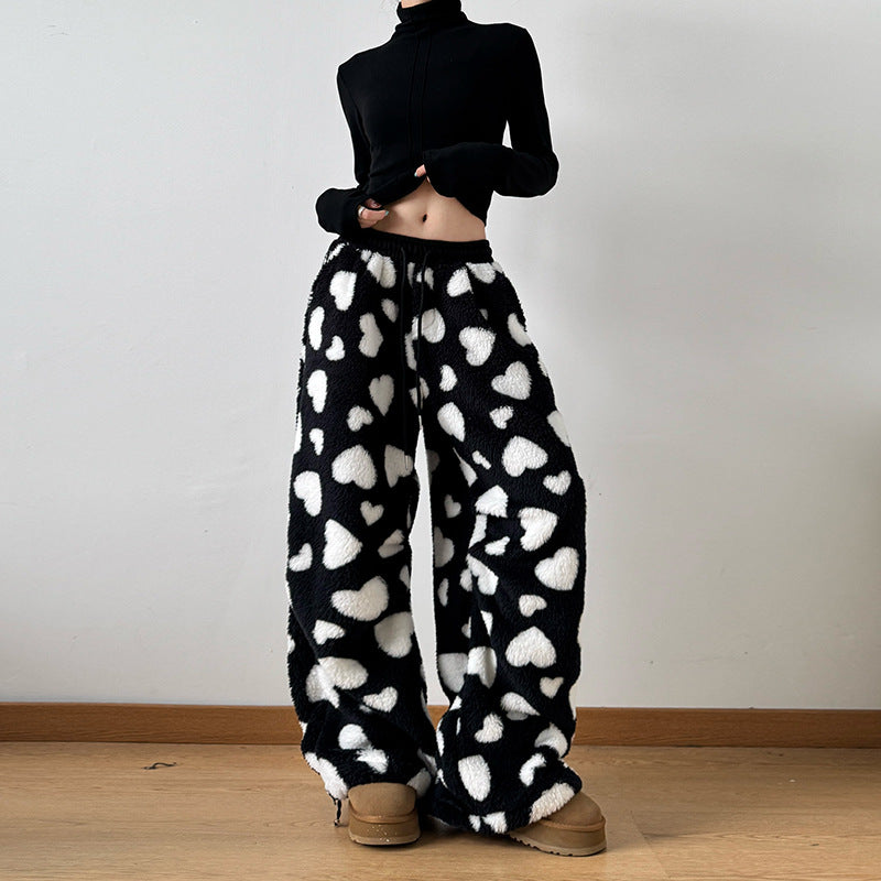 Loose Lamb Wool Polka Dot Female Casual Jogger Pants - GlamzLife