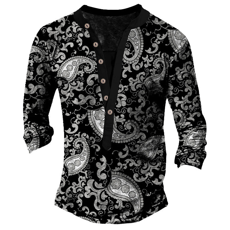 Printed Retro Fashion Casual Henry Neck Long Sleeves T-shirt | GlamzLife