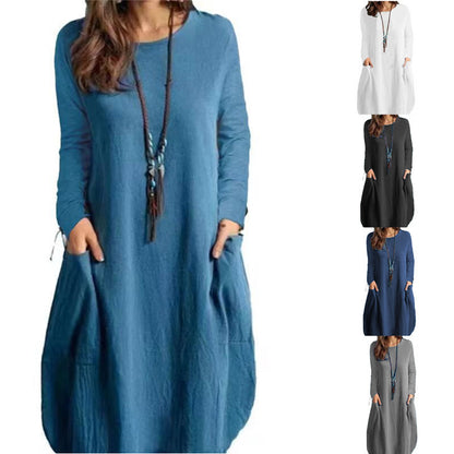 Women's Autumn Cotton And Linen Loose Casual Solid Color Long-sleeved Dress | GlamzLife