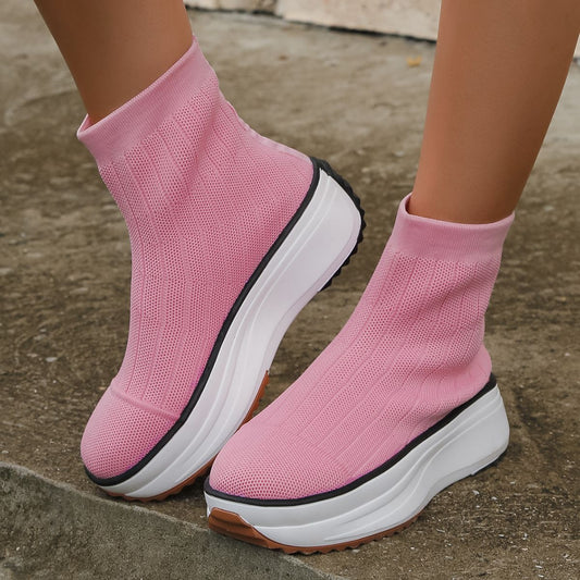 Women's Thick-soled Boots Knitted Round Toe Socks Shoes Casual Breathable Solid Color Flying Knit Ankle Boots | GlamzLife