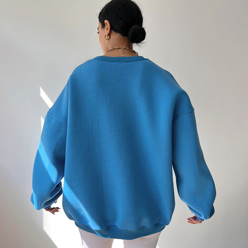 Loose Sweater Women's Casual Round Neck Pullover Tops Solid Color Sports Sweatshirt | GlamzLife