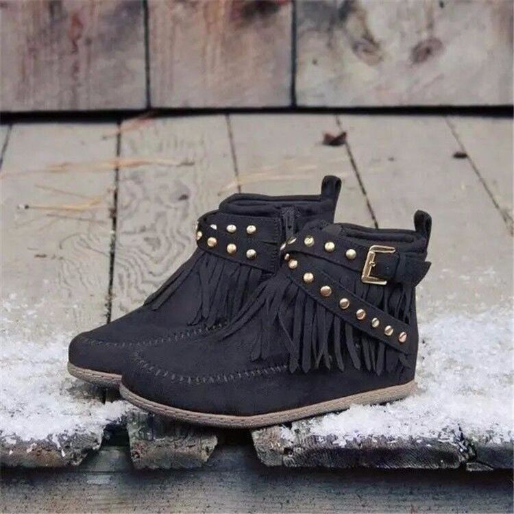 Retro Ankle Boots With Rivet Tassel Flat Shoes Women Winter Boots | GlamzLife