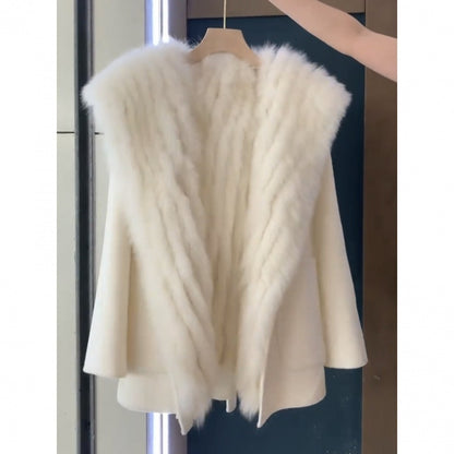 Stitching Fur Woolen Coat For Women