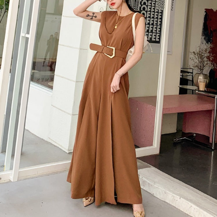 Round Neck Slit Wide Leg Jumpsuit - GlamzLife