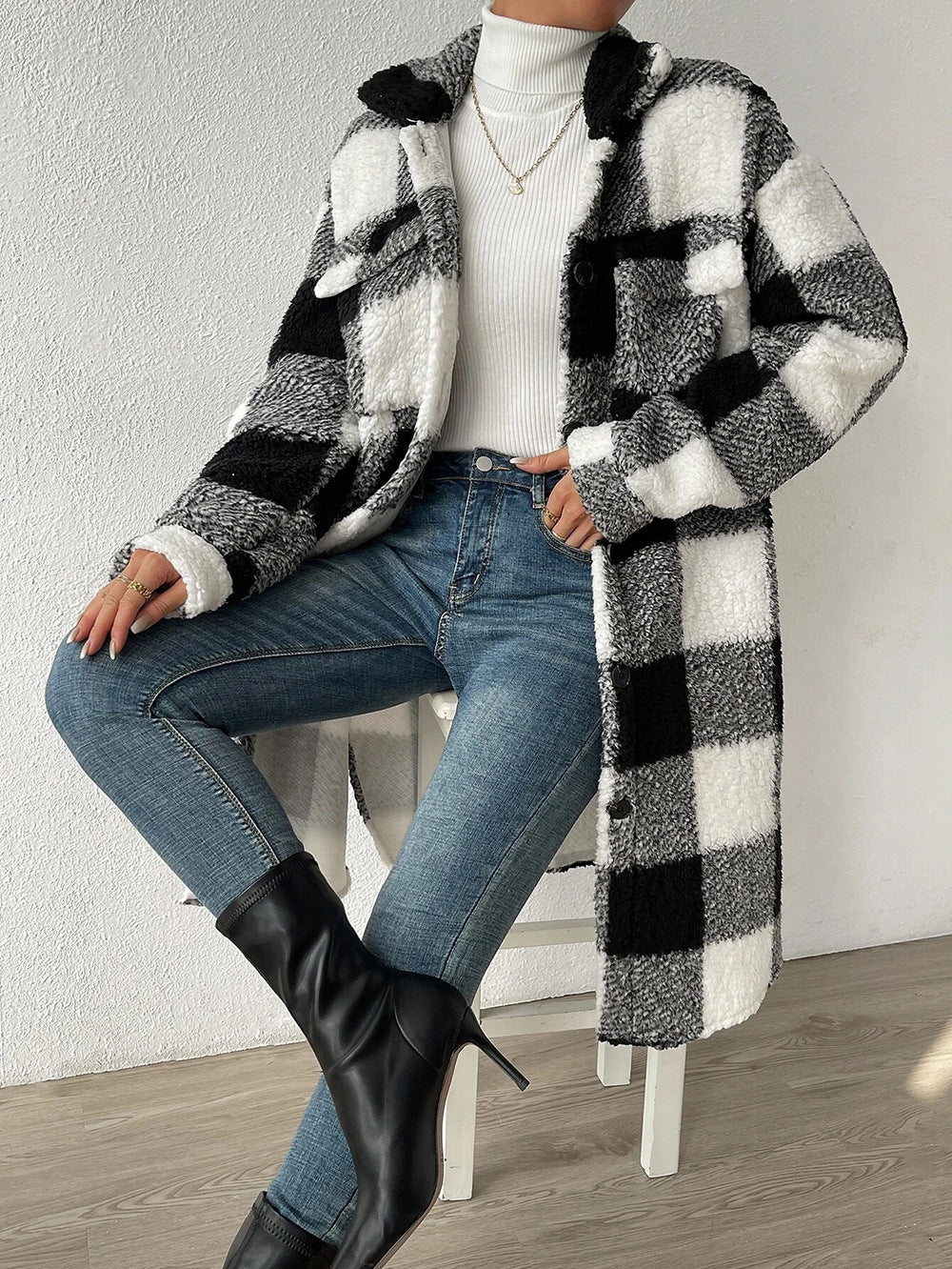 Button Lapel Plush Plaid Coat Loose GlamzLife