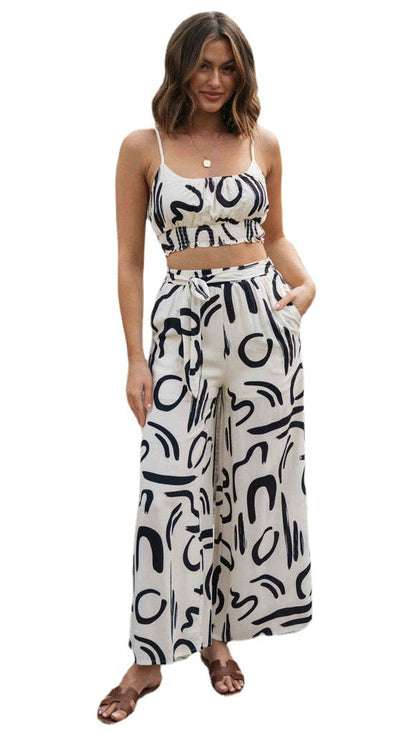 Printed Sleeveless Strap Short Top Long Wide-leg Pants - GlamzLife