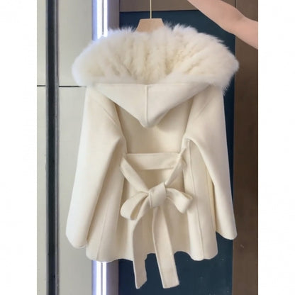 Stitching Fur Woolen Coat For Women