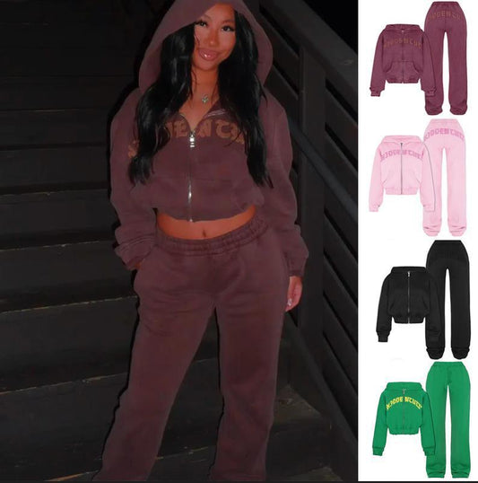 Ins Letter Zip-Up Crop Top and Drawstring Trousers - Retro Style