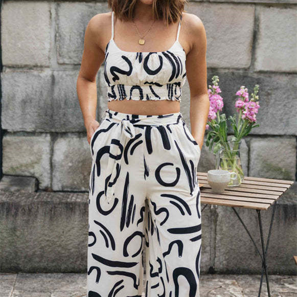 Printed Sleeveless Strap Short Top Long Wide-leg Pants - GlamzLife