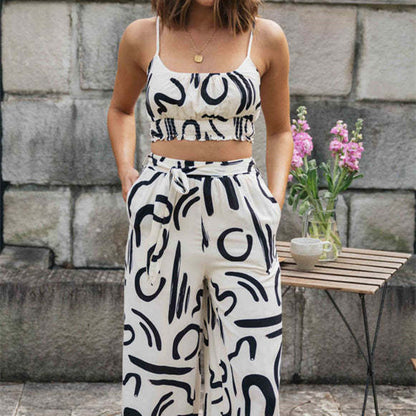 Printed Sleeveless Strap Short Top Long Wide-leg Pants - GlamzLife