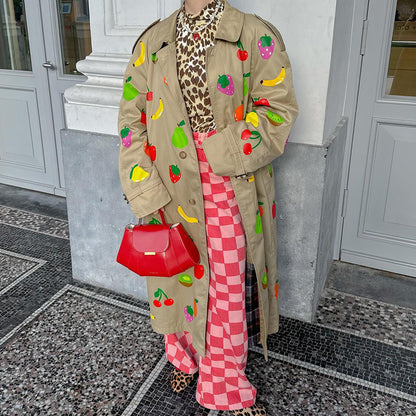 Elegant Khaki Fruit Printed Lapel Coat