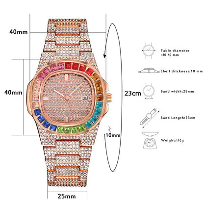 Full Diamond Inlaid Color Diamond Steel Belt Square Belt Calendar Quartz Wrist Watch | GlamzLife