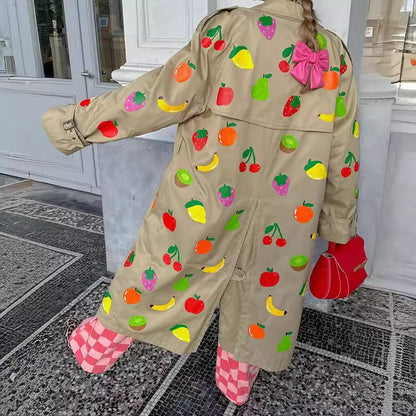 Elegant Khaki Fruit Printed Lapel Coat