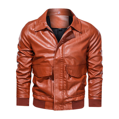 Thin Men's Lapel Large Pocket Pu Leather Jacket Large Size Motorcycle Washed Leather Jacket