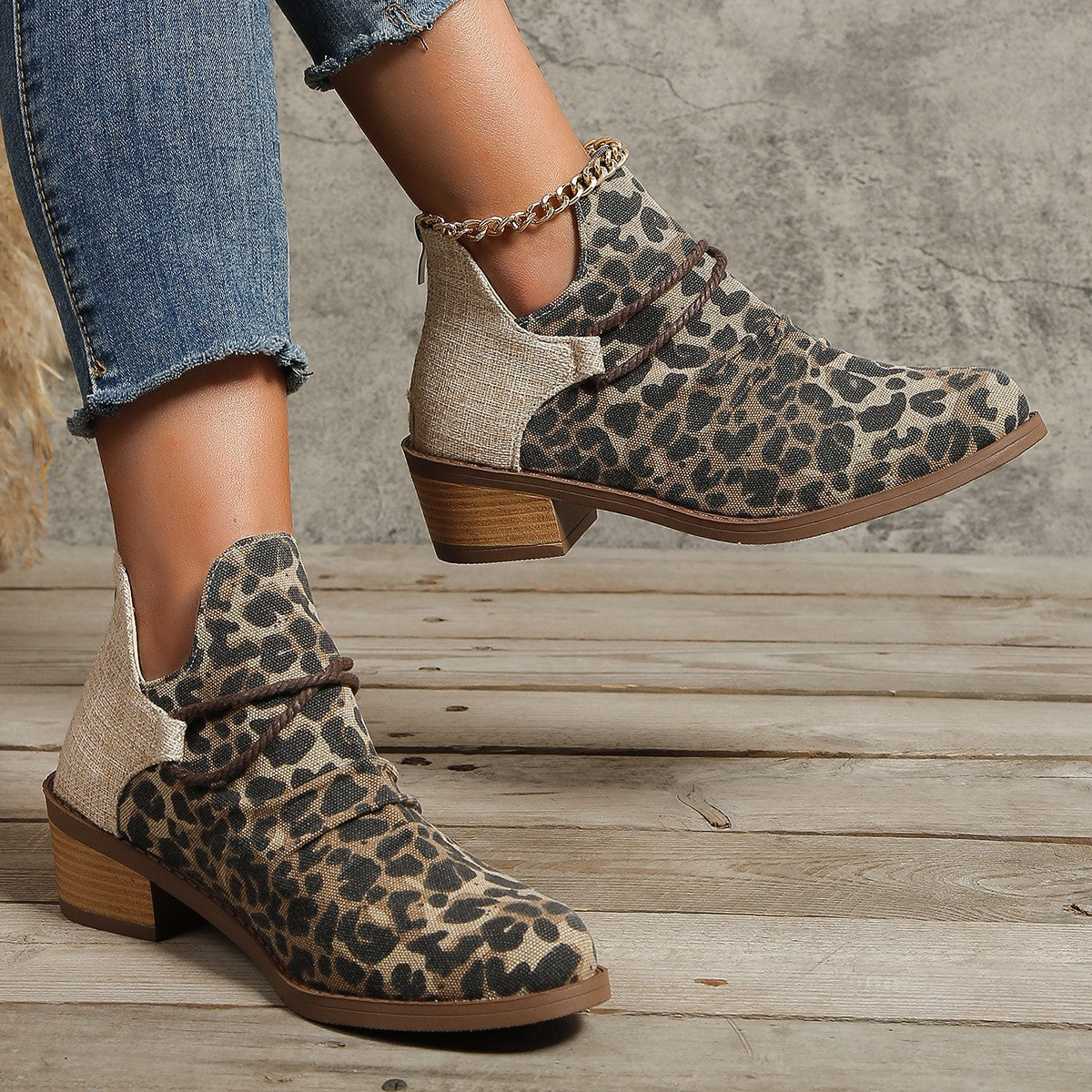 Women's Retro Boots Fashion Leopard Print Shoes Pointed Toe Square Heel Ankle Boots | GlamzLife