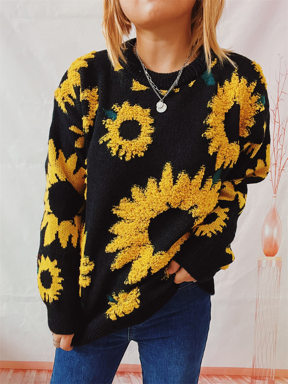 Women's Fashion Casual Sunflower Jacquard Round Neck Long Sleeve Sweater | GlamzLife