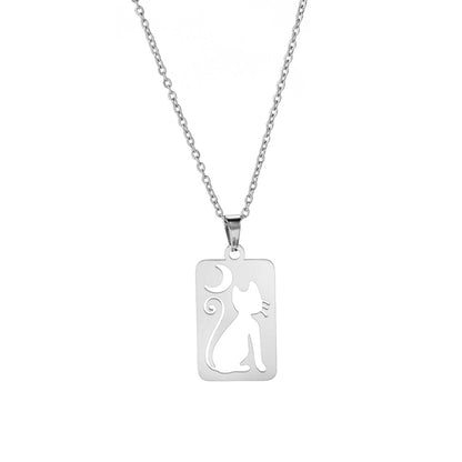 Titanium Steel Square Hollow Cat Crescent Pendant Necklace | GlamzLife